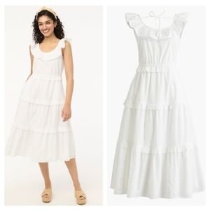 J. Crew Ruffle Midi Dress Size 6p Petite White Cittagecore Romantic Feminine